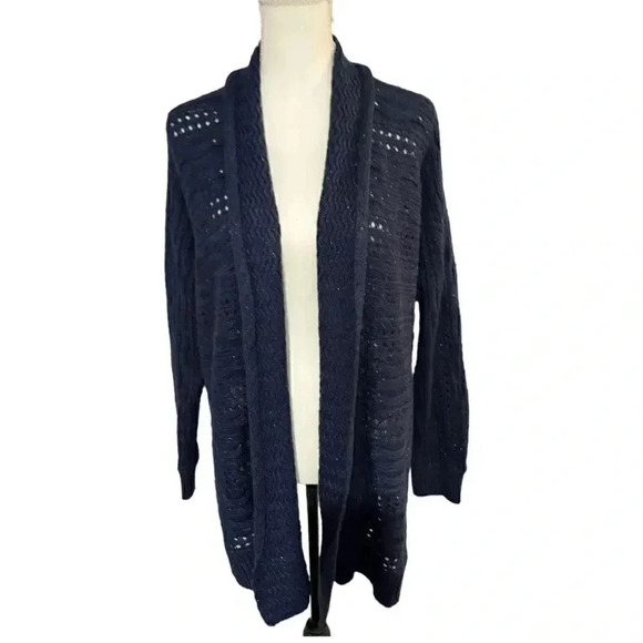Chico’s size 3 open cardigan navy blue with a sparkle thread & ribbed cuffs EUC - Picture 3 of 11